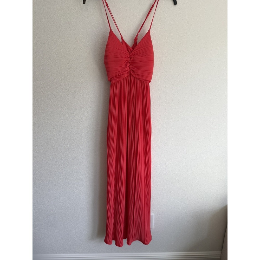 A New Day Women's Small Coral Pleated Ruched Maxi Dress Sleeveless V-Neck Long